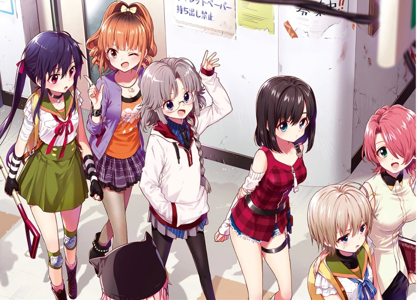 10s 6+girls :d ;d arm_up arms_behind_back black_gloves black_legwear blue_eyes blush boots braid brown_hair chiba_sadoru choker cross-laced_footwear cutoffs deguchi_touko detached_sleeves ebisuzawa_kurumi fingerless_gloves fishnet_pantyhose fishnets gakkou_gurashi! glasses gloves green_eyes hair_over_one_eye hair_over_shoulder hand_in_pocket hand_on_another&#039;s_shoulder hat hikarizato_aki hikarizato_akira indoors jewelry kirai_hikako knee_boots knee_pads leaning_forward long_hair multiple_girls naoki_miki necklace official_art one_eye_closed open_mouth pantyhose pink_eyes pink_hair pleated_skirt ponytail purple_hair ryougawara_rise scan school_uniform serafuku short_hair short_shorts shorts shovel silver_hair single_braid skirt smile source_request takeya_yuki thigh_strap twintails walking worktool wristband