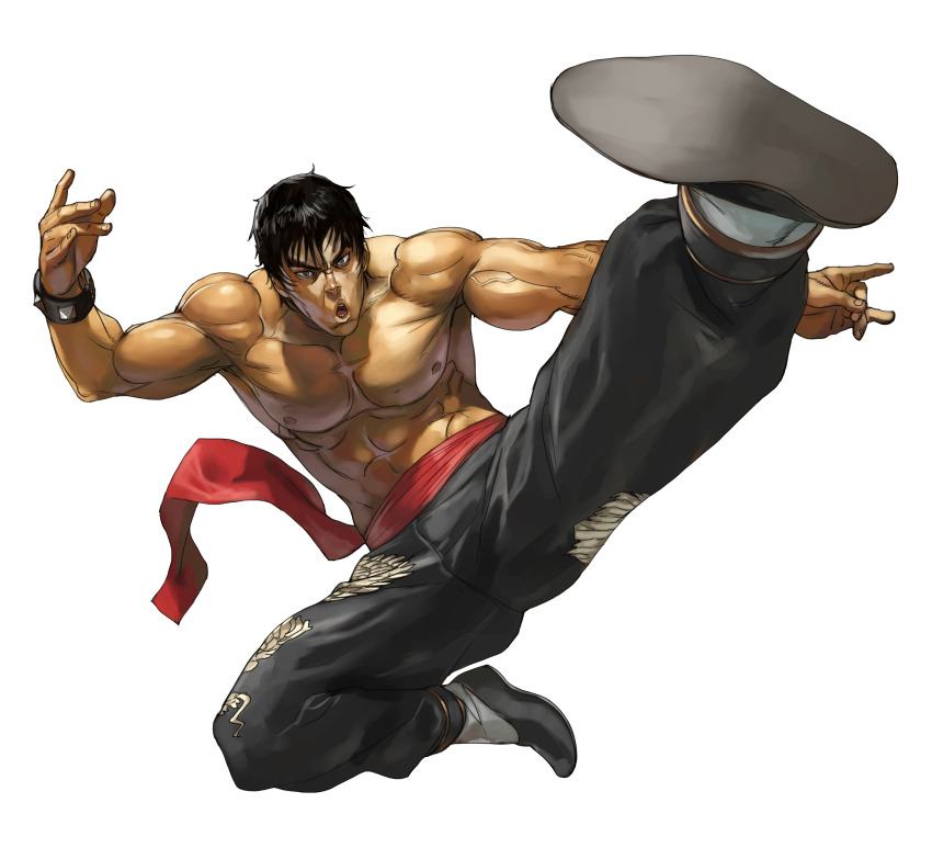 1boy :o abs absurdres black_hair black_pants black_shoes flying_kick grey_eyes high_kick highres junny kicking male_focus marshall_law muscular muscular_male non-web_source pants shoes short_hair simple_background solo tekken tekken_tag_tournament_2 topless_male white_background