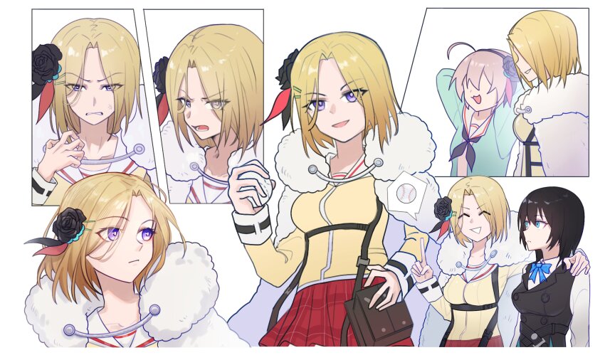 3girls absurdres ahoge aoi_erika black_flower black_hair blonde_hair bow breasts cape cardigan flower fur-trimmed_cape fur_trim green_cardigan green_eyes grey_hair hair_flower hair_ornament heaven_burns_red highres long_sleeves medium_hair minase_ichigo minase_sumomo molingxiang_chimangguo multiple_girls multiple_views rose sailor_collar shirt short_hair skirt vest white_sailor_collar white_shirt