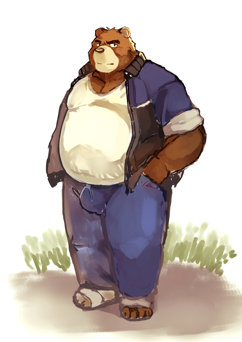 1boy absurdres animal_ears bara bear_boy bear_ears belly blue_jacket blue_pants brown_fur bulge closed_mouth commentary_request fat fat_man furry furry_male hand_in_pocket highres jacket juuichi_mikazuki kakukaku_(kakukaku023) looking_at_viewer male_focus morenatsu pants tank_top track_jacket track_pants white_tank_top