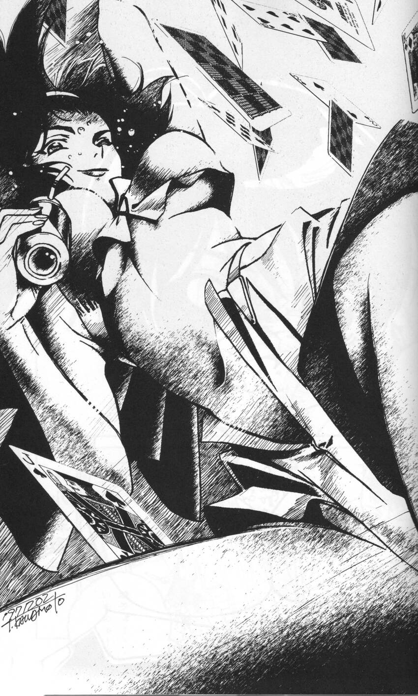 1girl absurdres breasts can card cowboy_bebop drink_can faye_valentine greyscale highres kawamoto_toshihiro lips monochrome official_art one_eye_closed poker soda_can solo spread_legs