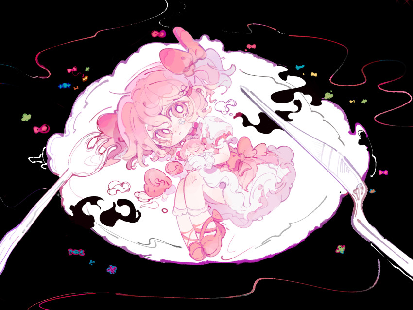1girl ankle_socks black_background blush bow bow_choker candy character_doll chibi choker colored_eyelashes cross-laced_shoes crying crying_with_eyes_open doll dot_nose dress dress_bow food footwear_bow fork frilled_gloves frilled_skirt frilled_sleeves frilled_socks frills gloves hair_between_eyes hair_bow highres holding holding_doll kaname_madoka kaname_madoka_(magical_girl) knife lying magical_girl mahou_shoujo_madoka_magica mahou_shoujo_madoka_magica_(anime) mary_janes mini_person minigirl miniskirt on_side parted_lips petticoat pink_bow pink_choker pink_dress pink_eyes pink_hair plate puffy_short_sleeves puffy_sleeves red_bow red_shoes sad shoes short_dress short_hair short_sleeves short_twintails skirt skirt_under_dress socks solo tareme teardrop tears twintails white_gloves white_skirt white_sleeves white_socks ww