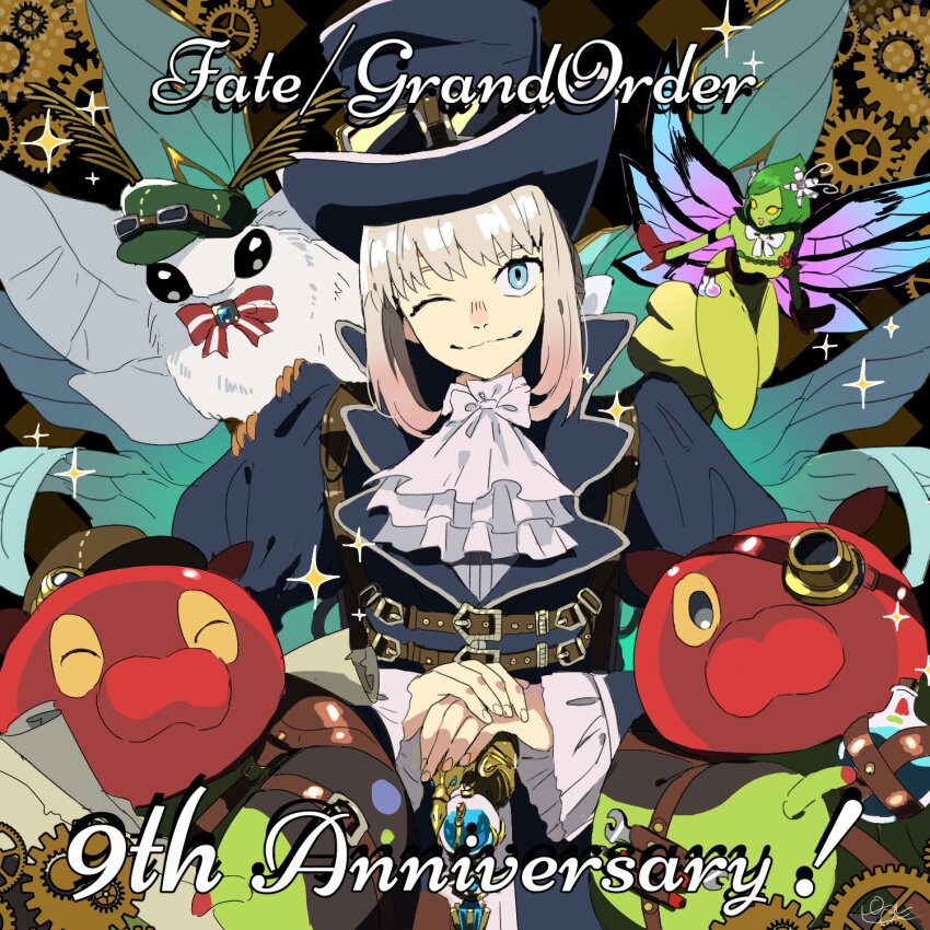 1boy anniversary black_hat blanca_(fate) blue_eyes closed_mouth commentary copyright_name creature english_text fate/grand_order fate_(series) gears gradient_hair grey_hair hat highres light_smile long_sleeves male_focus multicolored_hair oberon_(exhibition_attire)_(fate) oberon_(fate) oberon_(fgo_fes._2024)_(fate) official_alternate_costume official_alternate_hairstyle one_eye_closed own_hands_together pirohi_(pirohi214) sidelocks sparkle sparkling_aura split_mouth top_hat