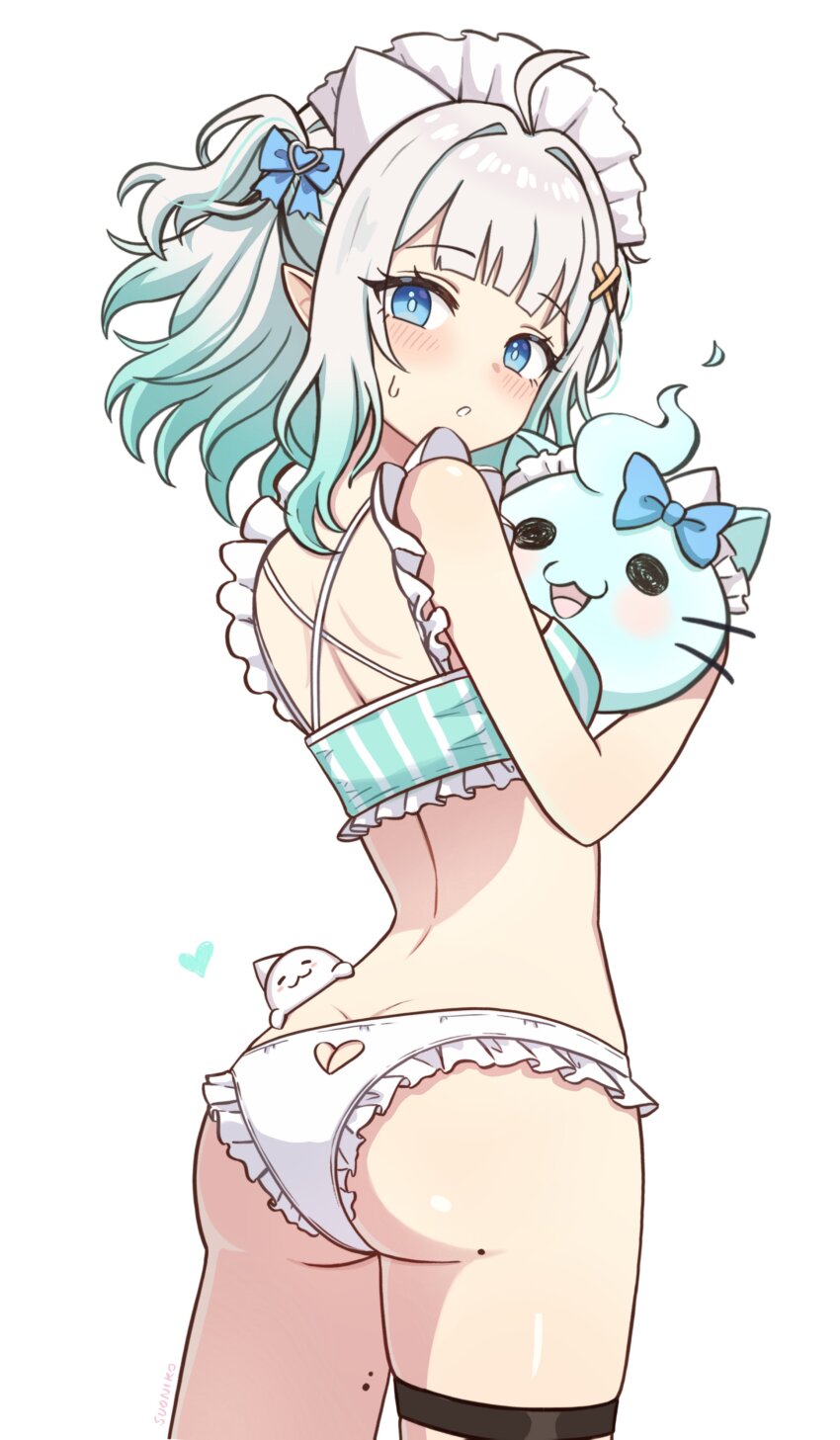1girl :3 absurdres ahoge aqua_bikini artist_name ass_peek bikini blue_eyes blue_ribbon clothing_cutout commentary_request cowboy_shot frilled_bikini frilled_panties frills from_behind ghost ghost_girl gradient_hair green_hair grey_hair hair_intakes hair_ornament hairclip hashtag-only_commentary head_tilt heart_cutout highres holding indie_virtual_youtuber light_blush looking_at_viewer maid_headdress mascot median_furrow medium_hair mint_fantome mint_fantome_(minto_2.0) mole mole_on_ass mole_on_thigh multicolored_hair open_mouth panties panty_cutout parted_lips pointy_ears ribbon sidelocks simple_background solid_circle_eyes standing striped_bikini striped_clothes suoniko swimsuit thigh_strap triangular_headpiece two_side_up underwear vertical-striped_bikini vertical-striped_clothes virtual_youtuber white_background white_panties wisps_(mint_fantome) x_hair_ornament