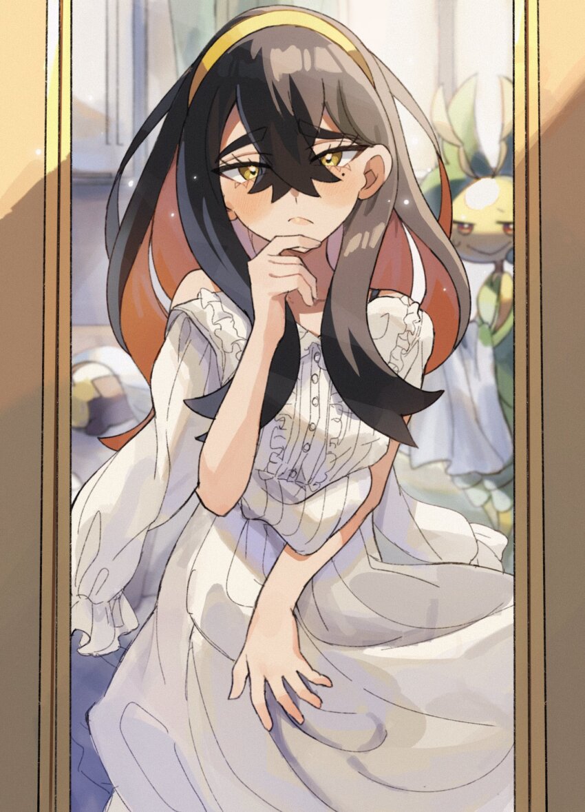 1girl black_hair carmine_(pokemon) colored_inner_hair crossed_bangs dress gen_5_pokemon gen_8_pokemon hair_between_eyes hairband highres holding holding_unworn_clothes holding_unworn_dress leavanny long_hair long_sleeves looking_at_mirror matsuda_(0yx38755230263c) mirror mole mole_under_eye morpeko morpeko_(full) multicolored_hair nintendo pokemon pokemon_(creature) pokemon_sv red_hair reflection two-tone_hair unworn_dress white_dress yellow_eyes yellow_hairband