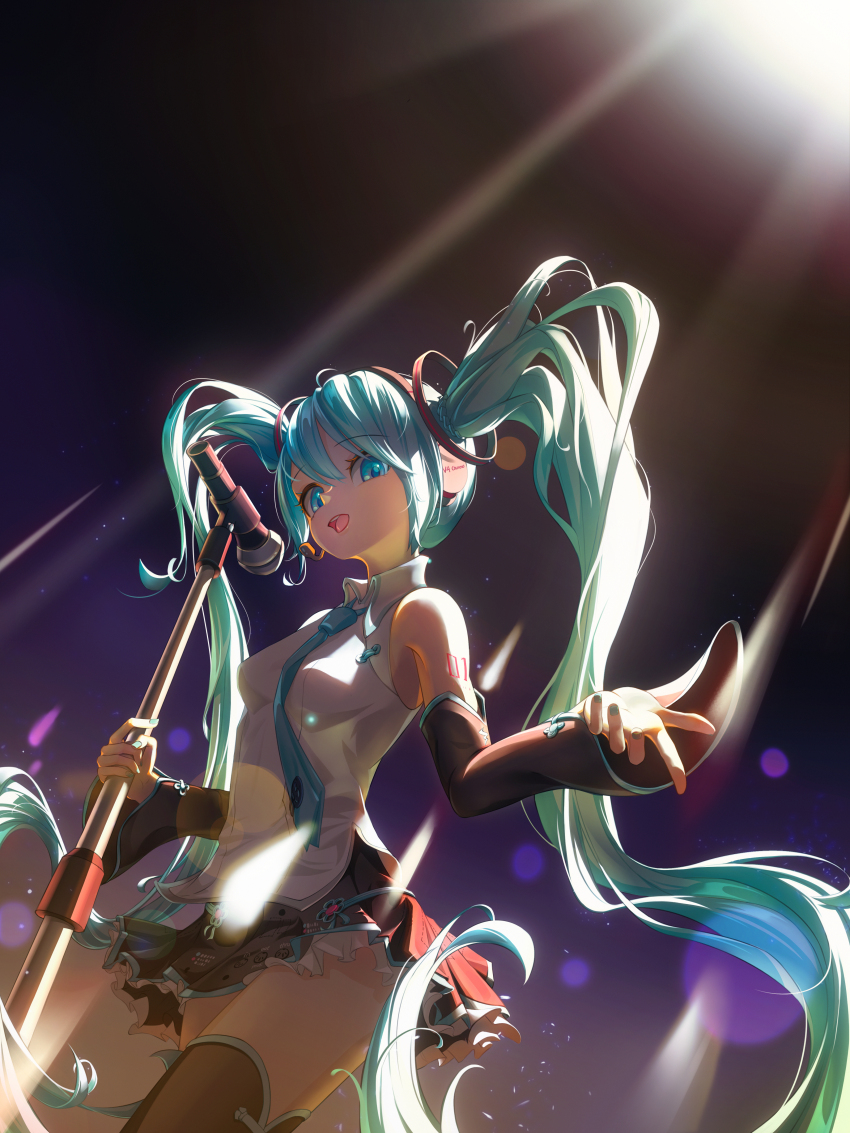 1girl absurdres aqua_hair aqua_nails backlighting blue_eyes detached_sleeves frilled_skirt frills hatsune_miku hatsune_miku_(vocaloid4)_(chinese) headphones highres long_hair looking_at_viewer microphone microphone_stand miniskirt mokalora necktie petticoat skirt smile thighhighs twintails very_long_hair vocaloid zettai_ryouiki