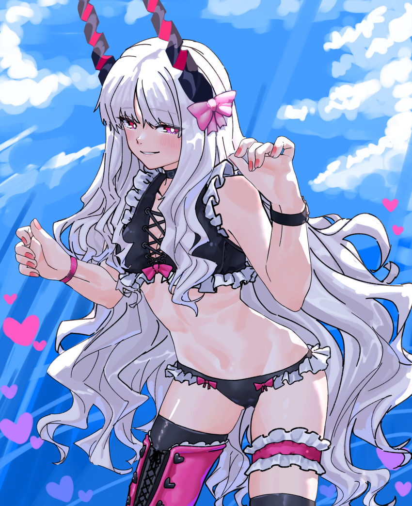 1girl absurdres bare_shoulders bikini black_bikini black_thighhighs blue_sky bow breasts caren_hortensia caren_hortensia_(amor_caren) caren_hortensia_(amor_caren)_(third_ascension) cleavage fate/grand_order fate_(series) frilled_thigh_strap frills grin hair_bow highres horns long_hair looking_at_viewer medium_breasts navel niwaikanai pink_eyes sky smile solo swimsuit thigh_strap thighhighs thighs very_long_hair wavy_hair white_hair