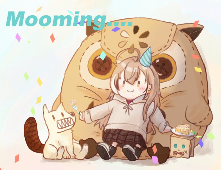 1girl 3others :&gt; :3 animal_(nanashi_mumei) berry bow bowtie brown_eyes brown_hair brown_hoodie brown_skirt bufferin button_eyes buttons cake cake_slice chibi confetti earrings food food-themed_earrings fork friend_(nanashi_mumei) hat high_tops highres holding holding_fork hololive hololive_english hood hoodie hootsie_(nanashi_mumei) jewelry multicolored_hair multiple_others nanashi_mumei nanashi_mumei_(casual) objectification party_hat plaid_clothes plaid_skirt plate pleated_skirt red_shirt shirt shoes skirt sneakers streaked_hair stuffed_toy sytiny virtual_youtuber |_|