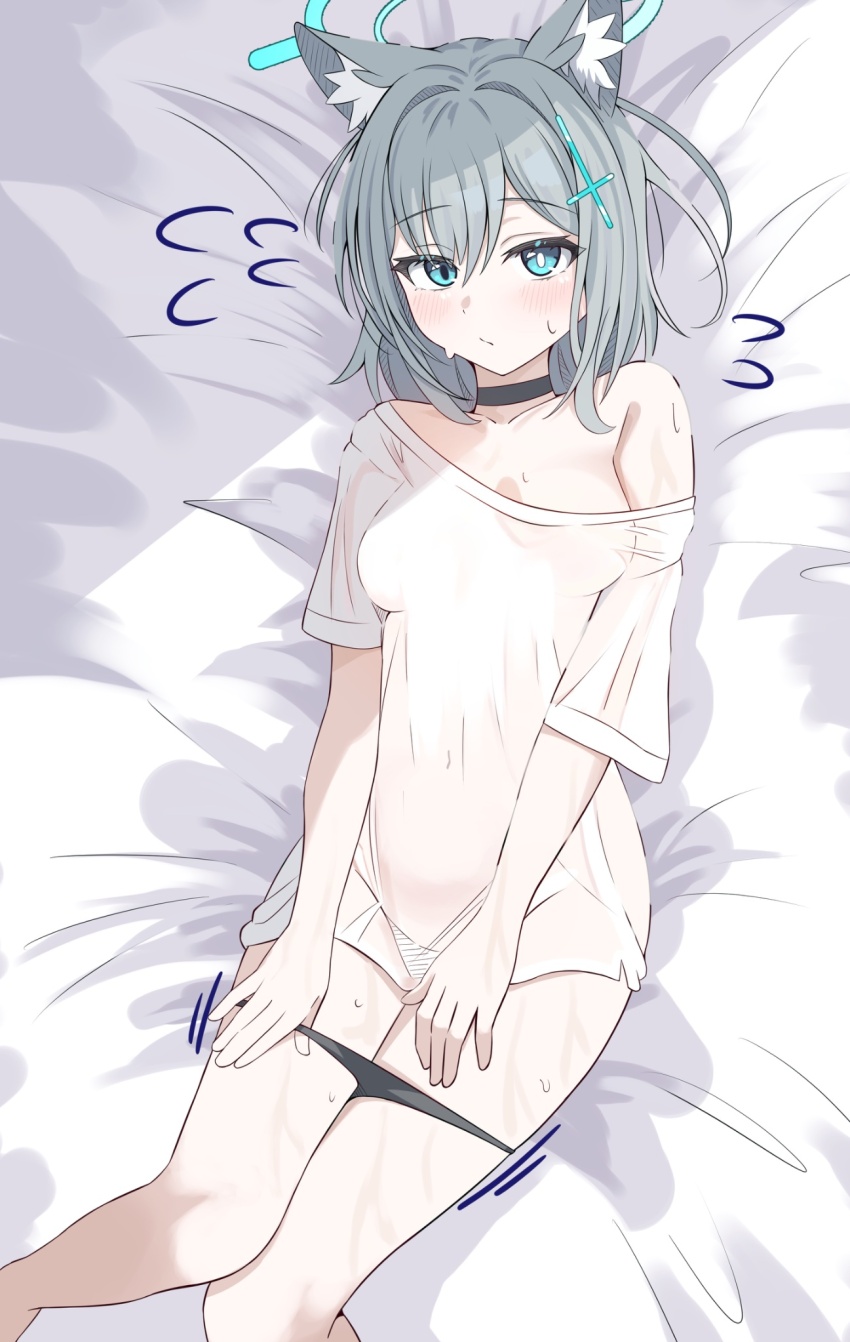 1girl alternate_costume animal_ears bed_sheet black_choker black_panties blue_archive blue_eyes blue_halo blush breasts bright_pupils censored choker cleavage collarbone cross_hair_ornament flying_sweatdrops foot_out_of_frame grey_hair hair_between_eyes hair_intakes hair_ornament halo hashtag-only_commentary highres kanimiso30601 looking_at_viewer lying medium_breasts medium_hair mismatched_pupils motion_lines navel no_bra off-shoulder_shirt off_shoulder on_back on_bed panties panty_pull parted_bangs pouch see-through_clothes see-through_sleeves shiroko_(blue_archive) shirt sidelocks solo sweat thighs underwear white_pupils wolf_ears