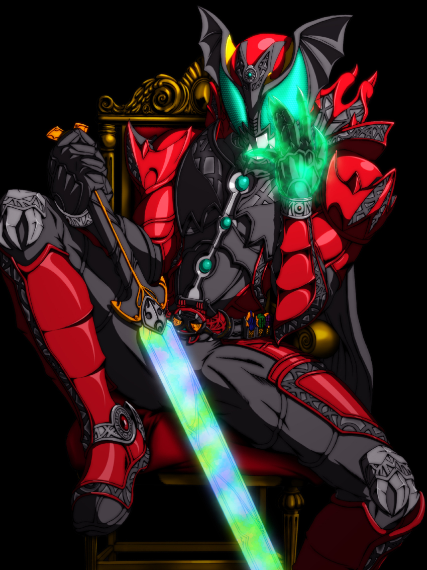 1boy armor bat_wings black_bodysuit black_gloves bodysuit chair gloves glowing glowing_hand glowing_sword glowing_weapon green_eyes highres holding holding_sword holding_weapon kamen_rider kamen_rider_dark_kiva kamen_rider_kiva_(series) kivat-bat_ii male_focus red_armor rider_belt solaris_x2 spread_legs sword thighs tokusatsu vampire weapon wings