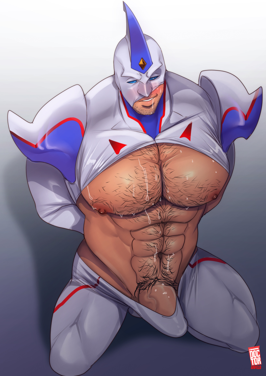1boy abs absurdres artist_name bara blue_bodysuit bodysuit bulge chest_hair doctor_anfelo elemental_hero_neos erection erection_under_clothes highres kneeling large_pectorals male_focus male_pubic_hair mask muscular muscular_male navel nipples pectorals penis penis_peek pubic_hair solo two-tone_bodysuit white_bodysuit yu-gi-oh! yu-gi-oh!_gx