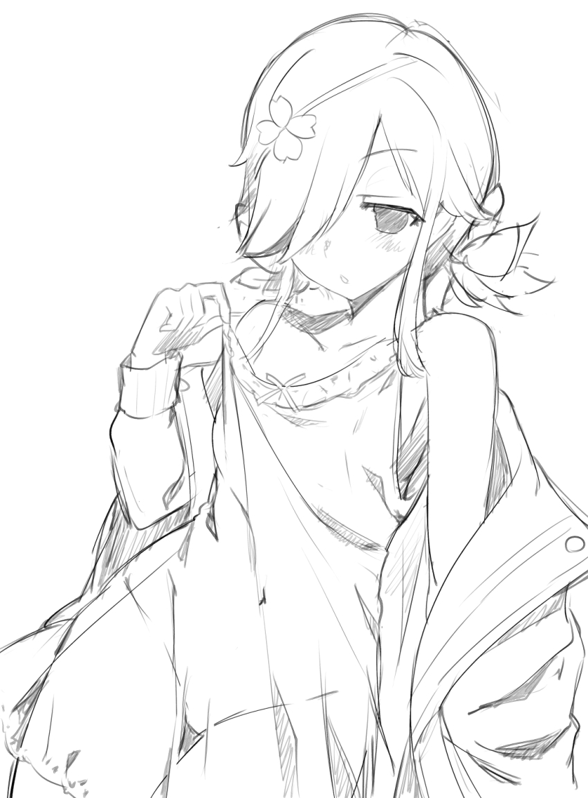 1girl :o blush commentary covered_navel eyepatch flat_chest flower_eyepatch greyscale hair_over_eyes hair_over_one_eye highres jacket kazakiri_(senran_kagura) lingerie monochrome negligee one_eye_covered open_clothes open_jacket pulling_own_clothes senran_kagura sketch solo underwear yaegashi_nan