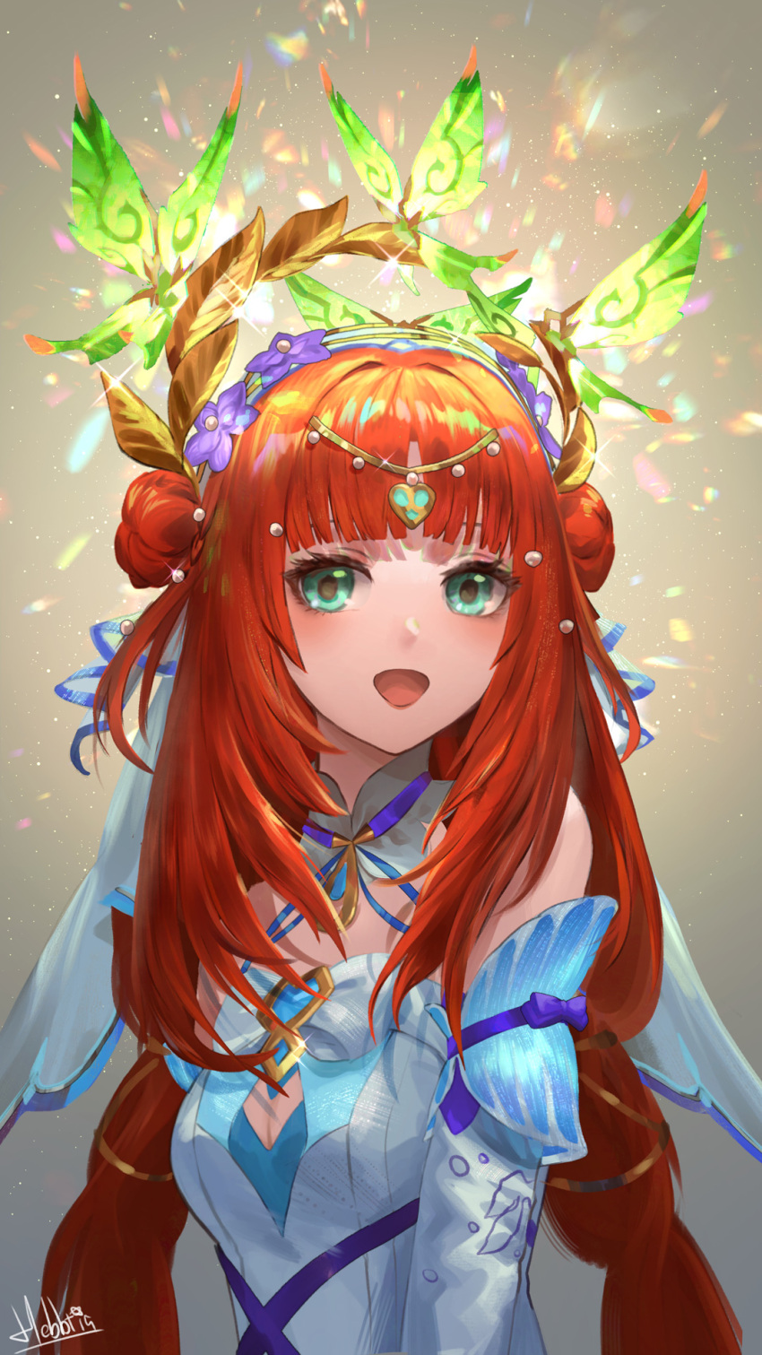 1girl aqua_eyes arched_bangs bare_shoulders circlet commentary crystalfly_(genshin_impact) detached_sleeves double_bun flower from_side genshin_impact hair_bun hair_flower hair_ornament headdress hebbtia highres long_hair looking_at_viewer nilou_(breeze_of_sabaa)_(genshin_impact) nilou_(genshin_impact) official_alternate_costume open_mouth parted_bangs purple_flower purple_ribbon red_hair ribbon signature sleeveless solo upper_body very_long_hair white_sleeves