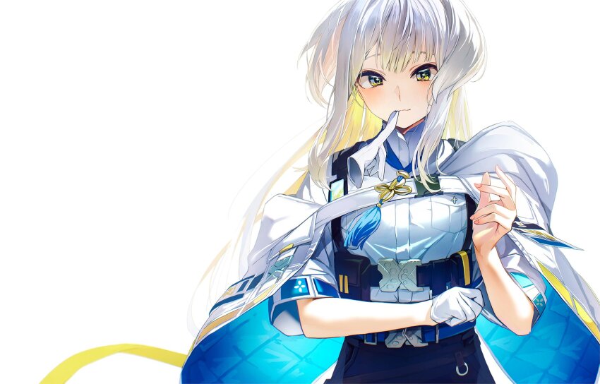 1girl animal_ears closed_mouth commentary dog_ears dog_girl glove_in_mouth gloves green_eyes half_gloves highres jacket kagawa_ichigo looking_at_viewer mouth_hold nijisanji police police_uniform policewoman shioriha_ruri shioriha_ruri_(1st_costume) smile solo unworn_gloves upper_body virtual_youtuber white_background white_gloves white_hair white_jacket