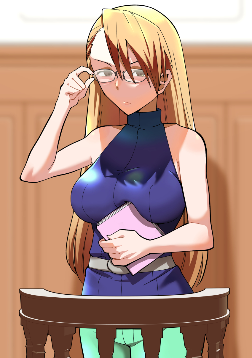 1girl absurdres ace_attorney adrian_andrews belt blonde_hair book breasts brown_eyes closed_mouth glasses highres holding holding_book large_breasts long_hair looking_at_viewer phoenix_wright:_ace_attorney_-_justice_for_all sleeveless sleeveless_turtleneck solo toku_sonchou turtleneck