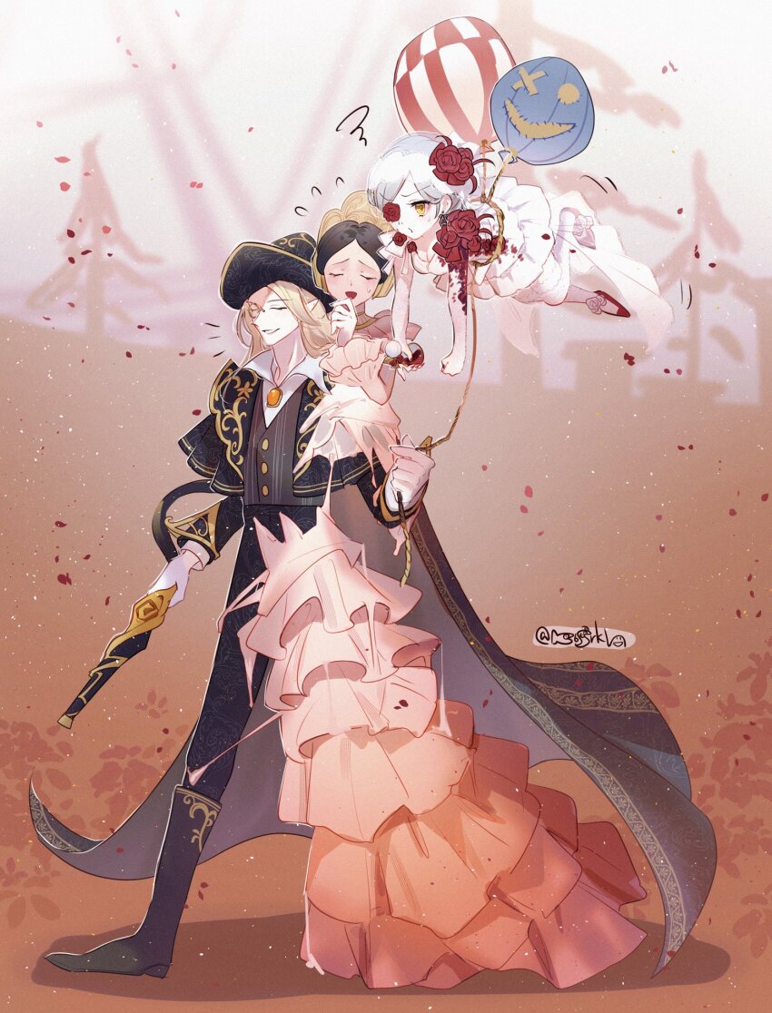 1boy 2girls :d annoyed balloon black_cape black_footwear black_hair black_headwear black_jacket black_pants black_vest blonde_hair boots bottle brooch cape christina_(identity_v) clenched_hand closed_eyes cropped_jacket disembodied_torso dress dress_flower falling_petals floating flower flower_over_eye flying_sweatdrops full_body gloves grey_hair hair_flower hair_ornament hanaon hand_on_own_chin hat headdress highres holding holding_balloon holding_bottle holding_hose hose identity_v jacket jewelry layered_dress layered_sleeves long_dress long_hair long_sleeves looking_ahead monocle motion_lines multiple_girls official_alternate_costume open_mouth orange_dress pants parted_bangs parted_lips patterned_clothing perfume_bottle petals philippe_(fury)_(identity_v) philippe_(identity_v) pointy_ears puckered_lips red_flower red_footwear red_nails red_rose rose shirt shoes smile sweatdrop swept_bangs thighhighs veil vera_nair vera_nair_(crimson_bride) vest walking wax white_dress white_gloves white_shirt white_thighhighs yellow_eyes