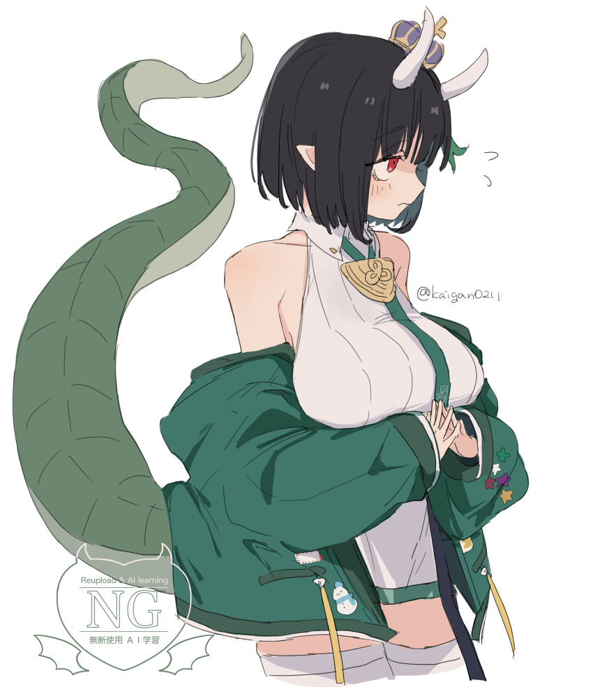 1girl absurdres bare_shoulders biscione_(fate) biscione_(second_ascension)_(fate) black_hair breasts colored_inner_hair copyright_notice cowboy_shot crown fate/grand_order fate_(series) green_jacket highres horns jacket kaigan0211 large_breasts legs_together light_frown long_sleeves mini_crown multicolored_hair open_clothes open_jacket pointy_ears red_eyes sagging_breasts shirt short_hair simple_background sleeveless sleeveless_shirt solo standing steepled_fingers tareme thighhighs twitter_username white_background white_shirt white_thighhighs zettai_ryouiki