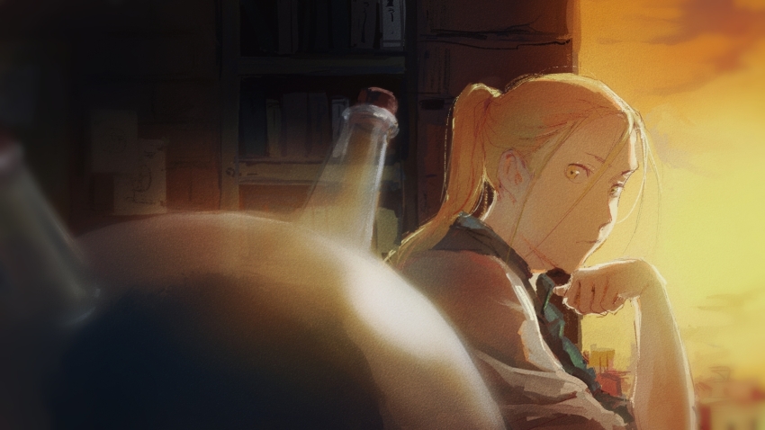 1boy blonde_hair blurry bookshelf closed_mouth creature depth_of_field father_(fma) from_side fullmetal_alchemist hair_between_eyes head_rest highres indoors long_hair looking_at_another looking_at_viewer looking_to_the_side male_focus mimulishizi ponytail solo_focus test_tube twilight upper_body van_hohenheim window yellow_eyes