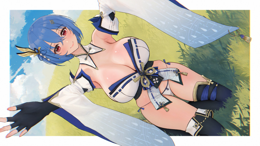 1girl absurdres amane_(senran_kagura) armpits blue_hair blush boots breasts commission commissioner_upload dan-98 day field fingerless_gloves gloves hair_ornament hairpin highres hug huge_breasts japanese_clothes kneeling looking_at_viewer multiple_hairpins official_alternate_costume on_grass outdoors outstretched_arms pixiv_commission rain_print red_eyes senran_kagura senran_kagura_new_link short_hair skindentation smile solo spread_arms tasuki thigh_boots