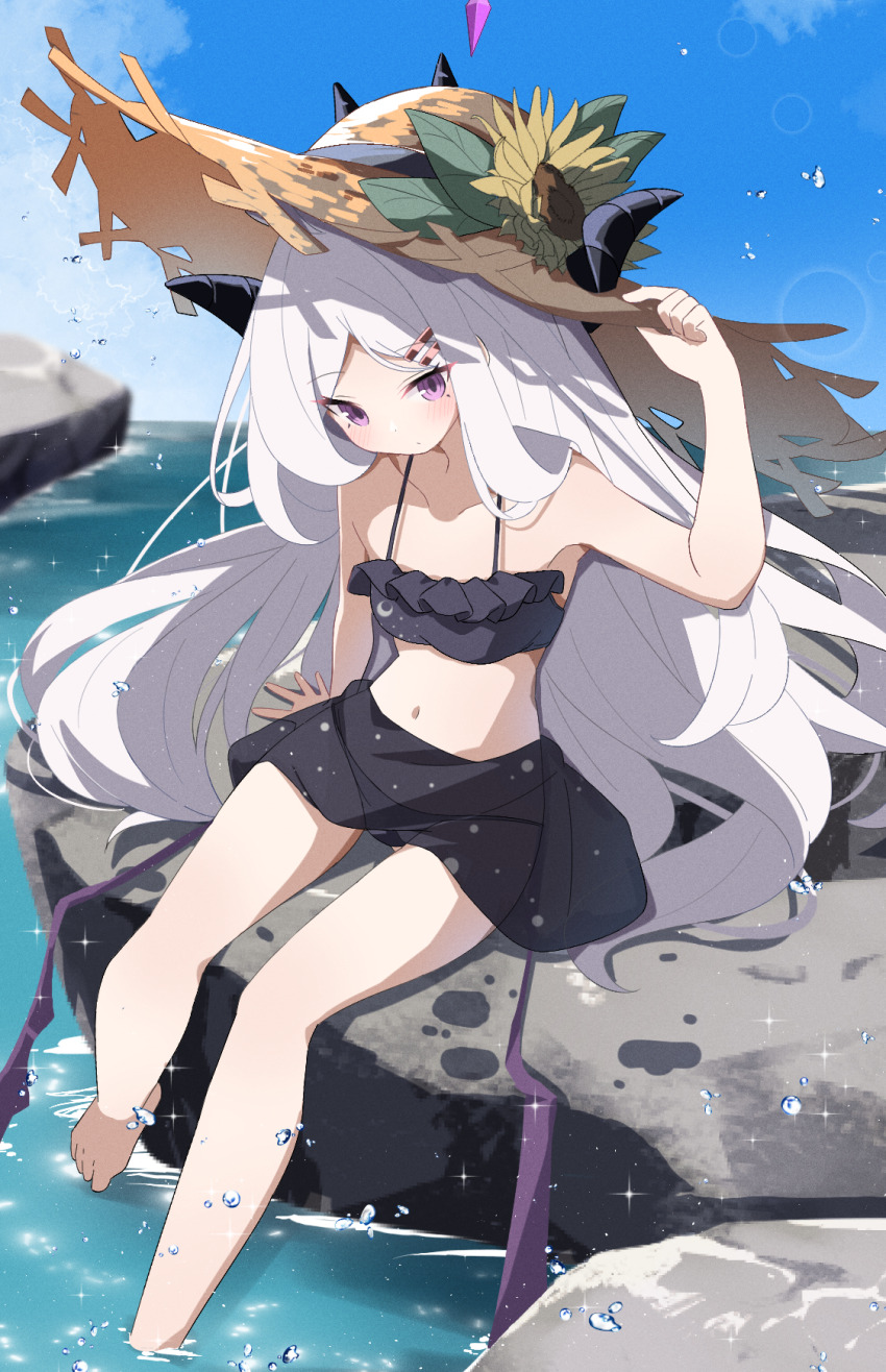 1girl bikini black_bikini black_halo blue_archive blue_sky blush breasts day demon_girl demon_horns demon_wings feet frilled_bikini frills hair_ornament hairclip halo hat highres hina_(blue_archive) horns loli long_hair looking_at_viewer low_wings navel ocean outdoors purple_eyes sasanoha_(sasanoha0712) sitting sky small_breasts solo straw_hat swimsuit toes very_long_hair white_hair wings