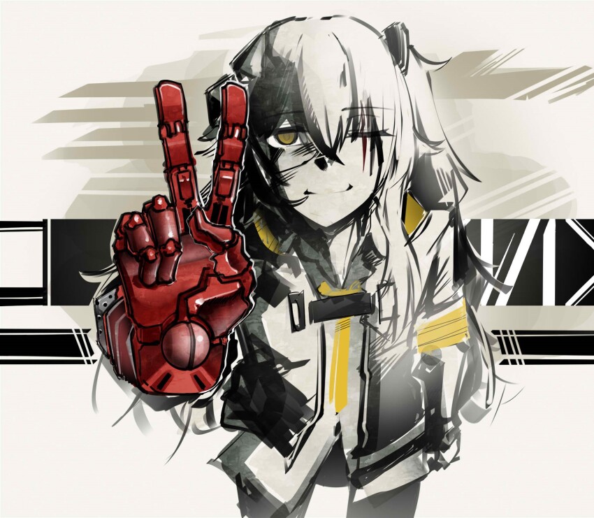 1girl android armband girls&#039;_frontline hair_between_eyes highres humanoid_robot joints mechanical_arms mechanical_hands metal_gear_(series) metal_gear_solid_v:_the_phantom_pain nym+_(nymplus) prosthesis prosthetic_arm robot robot_girl robot_joints scar scar_across_eye scar_on_face science_fiction shirt single_mechanical_arm single_mechanical_hand smile ump45_(girls&#039;_frontline) ump45_(mod3)_(girls&#039;_frontline) v yellow_armband yellow_eyes