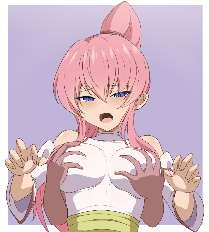 1girl absurdres bare_shoulders blush clam_curry detached_sleeves grabbing_another&#039;s_breast grabbing_from_behind groping hair_between_eyes high_ponytail highres long_hair open_mouth pink_hair ponytail priestess_(tales_of_destiny) purple_eyes sweatdrop tales_of_(series) tales_of_destiny