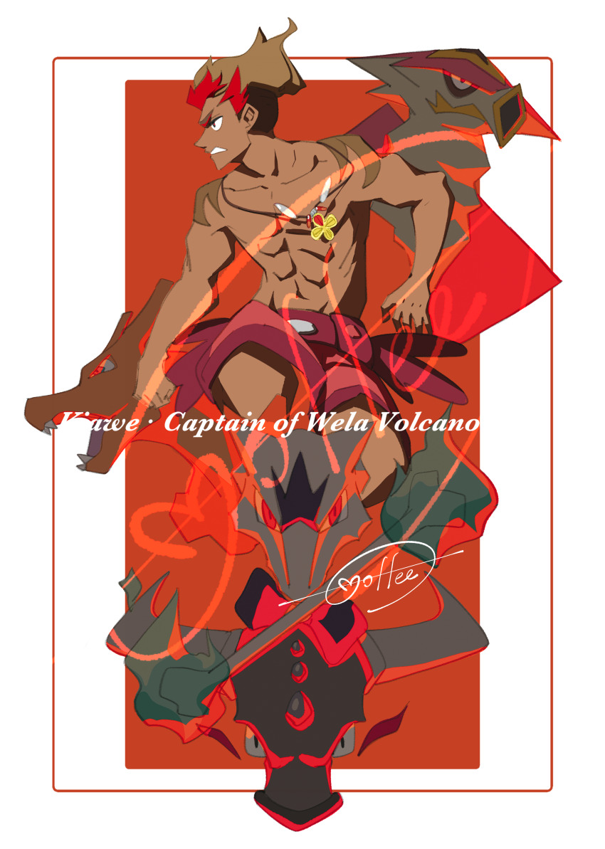 1boy abs absurdres alolan_form alolan_marowak black_eyes border cccacademia character_name charizard clenched_teeth collarbone commentary_request dark-skinned_male dark_skin gen_1_pokemon gen_7_pokemon highres jewelry kiawe_(pokemon) male_focus navel necklace nintendo pokemon pokemon_(anime) pokemon_(creature) pokemon_sm_(anime) red_hair red_shorts short_hair shorts signature tauros teeth toned toned_male topless_female topless_male turtonator white_border