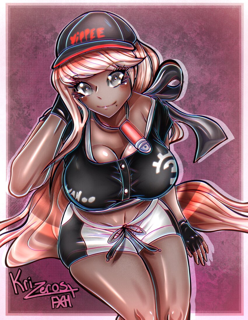 1girl black_bow black_ribbon black_shirt black_shorts blonde_hair border bow breasts closed_mouth collarbone crop_top dark-skinned_female dark_skin female_focus fingerless_gloves gloves grey_eyes highres jewelry kawana_tsubasa krizeros large_breasts long_hair looking_at_viewer mole mole_under_mouth multicolored_shorts navel necklace pink_background ribbon shirt shorts simple_background smile solo solo_focus the_hundred_line_-last_defense_academy- white_border white_shorts
