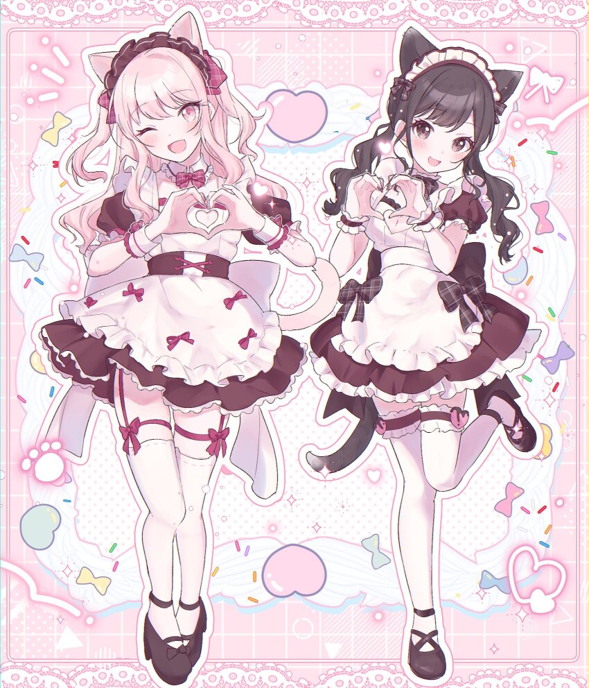 1girl 1other :3 ;d akiyama_mizuki alternate_costume animal_ears animal_hands apron back_ribbon black_corset black_nails black_ribbon black_shoes black_skirt blush border breasts brown_eyes brown_hair candy cat_ears cat_tail checkered_background cleavage_cutout clothing_cutout collar collarbone commentary_request corset cross-laced_clothes cross-laced_corset detached_collar dress dress_ribbon enmaided fingernails flat_chest food frilled_collar frilled_dress frilled_skirt frilled_thigh_strap frilled_wrist_cuffs frills full_body garter_straps hair_ribbon heart heart_hands high_heels highres k0noe lace_trim leg_up long_fingernails long_hair long_sidelocks looking_at_viewer maid maid_apron maid_headdress medium_breasts miniskirt neck_ribbon one_eye_closed open_mouth ornate_border outline pigeon-toed pink_eyes pink_hair pink_nails plaid_ribbon project_sekai puffy_short_sleeves puffy_sleeves red_ribbon ribbon shinonome_ena shoes short_sleeves sidelocks skirt smile sparkle standing standing_on_one_leg swept_bangs tail thigh_strap thighhighs twintails white_outline white_ribbon white_thighhighs wrist_cuffs