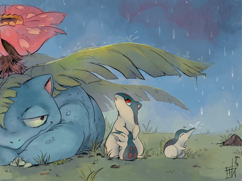 animal_focus black_eyes claws closed_mouth commentary cyndaquil english_commentary gen_1_pokemon gen_2_pokemon grass highres looking_up nintendo no_humans nostrils open_mouth outdoors pokemon pokemon_(creature) procreate_(medium) quilava rain red_eyes rock sasoreo shielding_another_from_rain venusaur water_drop