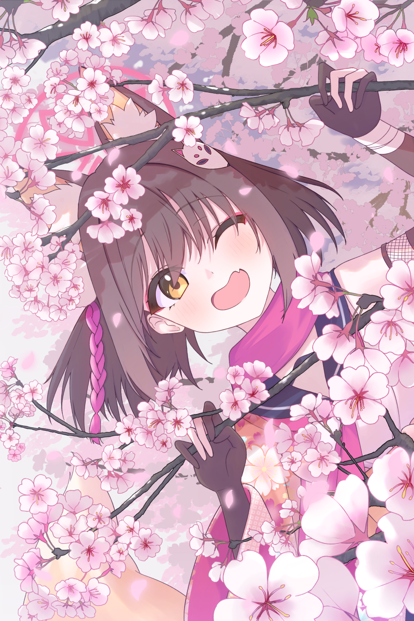 1girl ;d absurdres animal_ears blue_archive blush branch cherry_blossoms commentary_request extra_ears eyeshadow falling_petals fang fox_ears fox_mask halo head_tilt highres holding holding_branch izuna_(blue_archive) izunasuki_art looking_at_viewer makeup mask mask_on_head one_eye_closed open_mouth outdoors petals pink_scarf red_eyeshadow revision scarf school_uniform serafuku short_hair skin_fang smile solo