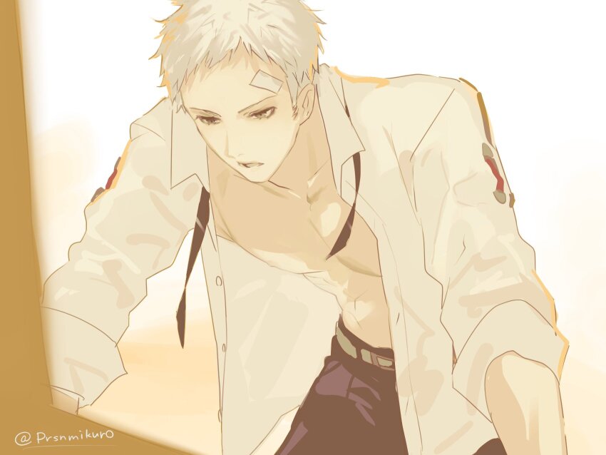 1boy arm_support bandaid bandaid_on_face bandaid_on_forehead belt belt_buckle black_pants buckle collarbone commentary_request cowboy_shot gekkoukan_high_school_uniform gradient_background grey_hair highres leaning_forward looking_down male_focus open_clothes open_shirt pants parted_lips pectorals persona persona_3 prsnmikuro sanada_akihiko school_uniform shirt short_hair sleeves_rolled_up solo twitter_username untied_ribbon white_shirt