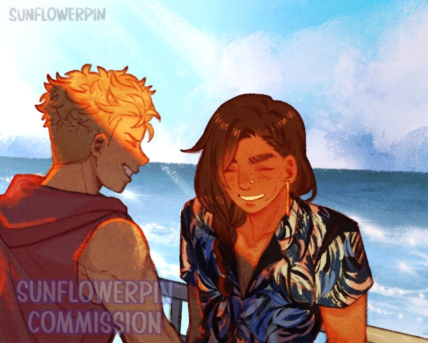 2boys against_railing braid brown_hair closed_eyes cloud cloudy_sky collarbone curly_hair derek_suarez earrings face_piercing hood hood_down hoodie horizon jewelry laughing looking_at_another main_character_(our_life) multiple_boys nose_piercing nose_ring ocean open_mouth our_life:_beginnings_and_always outdoors partially_unbuttoned piercing print_shirt railing red_hoodie shirt single_braid single_earring sky sleeveless sleeveless_hoodie sunlight sunnyflowerday1 toned toned_male