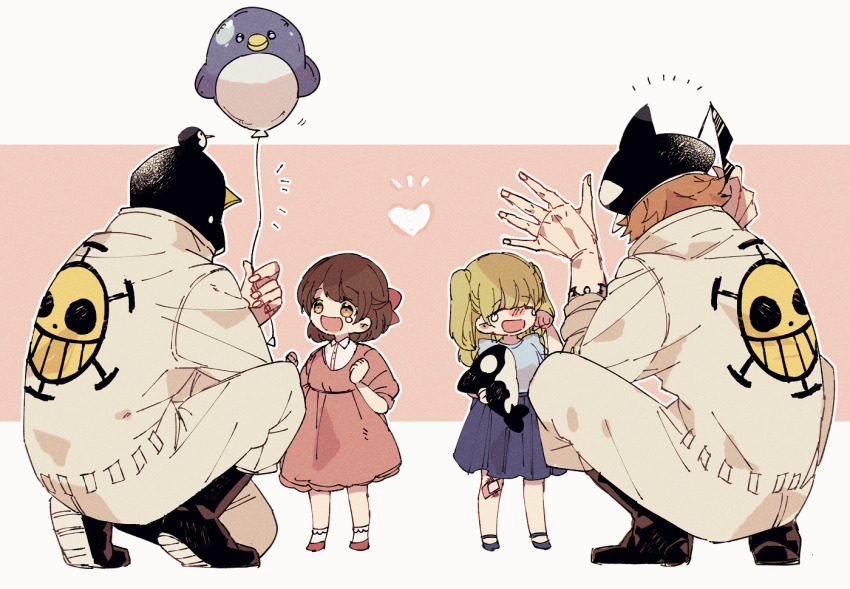 2boys 2girls :d ^_^ balloon bandaid bandaid_on_knee bandaid_on_leg black_boots black_hat blonde_hair blue_shirt blue_shoes blue_skirt bobby_socks boots brown_eyes brown_hair character_request child closed_eyes commentary_request dress facing_away from_behind hand_up hands_up hat heart holding holding_balloon holding_removed_eyewear holding_stuffed_toy jumpsuit long_hair long_sleeves multiple_boys multiple_girls nagisawa_(ngsw_coconut) one_piece open_mouth orca_hat penguin_(one_piece) penguin_hat pink_background pink_dress pink_shoes pleated_skirt shachi_(one_piece) shirt shoes short_hair short_sleeves skirt smile socks squatting stuffed_animal stuffed_orca stuffed_toy sunglasses tears two-tone_background two_side_up unworn_eyewear white_background white_jumpsuit white_socks