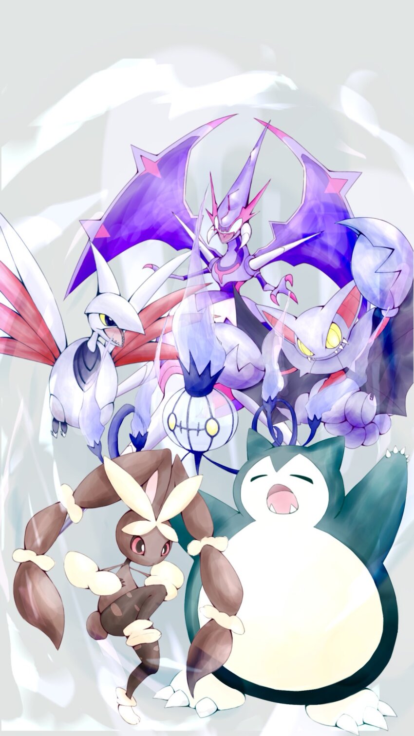 black_eyes chandelure claws closed_eyes colored_sclera fangs fire fireblast gen_1_pokemon gen_2_pokemon gen_4_pokemon gen_5_pokemon gen_7_pokemon gliscor grey_background highres horns lopunny mega_lopunny mega_pokemon naganadel nintendo no_humans open_mouth pokemon pokemon_(creature) purple_fire red_eyes sharp_teeth single_horn skarmory snorlax standing standing_on_one_leg talons teeth ultra_beast wings yellow_eyes yellow_sclera