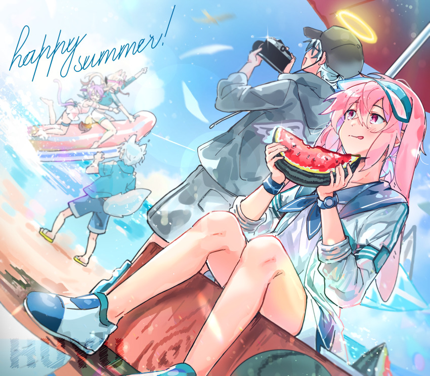 2girls 3boys :q absurdres adnachiel_(arknights) alternate_costume animal_ears ansel_(arknights) ansel_(casual_vacation)_(arknights) arknights artist_name baseball_cap beach black_headwear black_jacket black_shirt blue_hair blue_neckerchief blue_shirt blue_shorts blue_sky camera cardigan_(arknights) casual_one-piece_swimsuit cat_ears cat_girl commentary cooler dutch_angle english_commentary english_text food fruit full_body halo hat highres holding holding_camera hood hooded_jacket inflatable_raft jacket lop_rabbit_ears melantha_(arknights) multiple_boys multiple_girls neckerchief official_alternate_costume one-piece_swimsuit open_mouth outdoors pants parasol pink_eyes pink_hair pink_one-piece_swimsuit rabbit_boy rabbit_ears riding shirt shoes short_hair short_sleeves shorts sky sneakers steward_(arknights) summer sunglasses surfboard swimsuit tail tongue tongue_out umbrella visor_cap watch watermelon watermelon_slice wed_(lim38869577) white_pants white_shirt wolf_boy wolf_tail wristband wristwatch