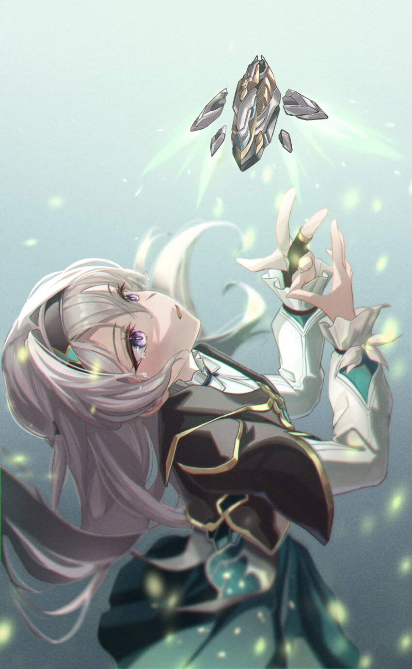 1girl black_gloves black_hairband cropped_jacket crying crying_with_eyes_open dress firefly_(honkai:_star_rail) frilled_sleeves frills gemb gloves green_dress grey_hair hair_between_eyes hair_intakes hairband highres honkai:_star_rail honkai_(series) long_hair long_sleeves looking_up multicolored_eyes partially_fingerless_gloves solo tears two-tone_eyes