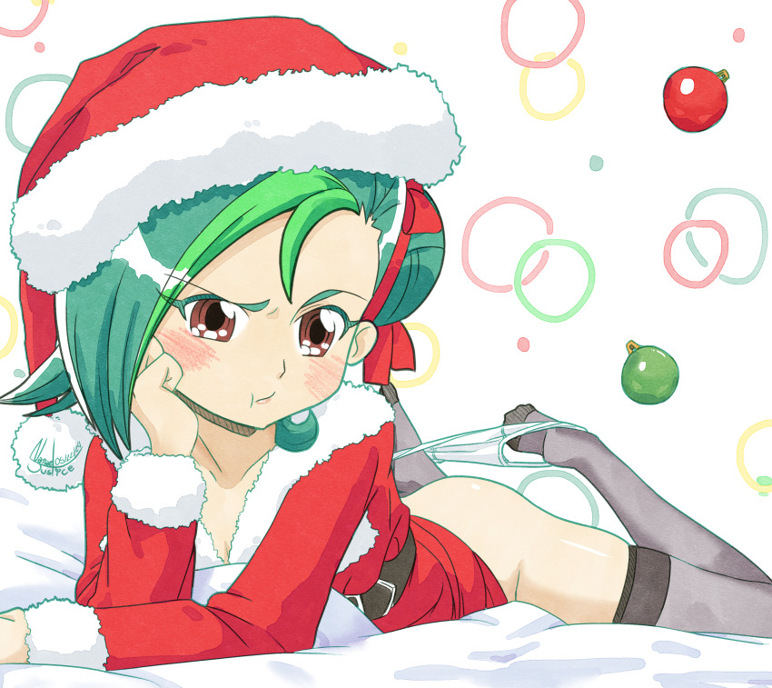 1girl absurdres ass belt black_belt blush bottomless brown_eyes christmas_ornaments closed_mouth dress female_focus fur-trimmed_dress fur-trimmed_headwear fur-trimmed_sleeves fur_trim green_hair hair_bun hair_ribbon hat highres long_sleeves looking_at_viewer mizuki_kotori_(yu-gi-oh!) multicolored_hair nanaeljustice panties panty_pull pout red_dress red_hat red_ribbon ribbon santa_costume santa_dress santa_hat solo two-tone_hair underwear white_panties yu-gi-oh! yu-gi-oh!_zexal