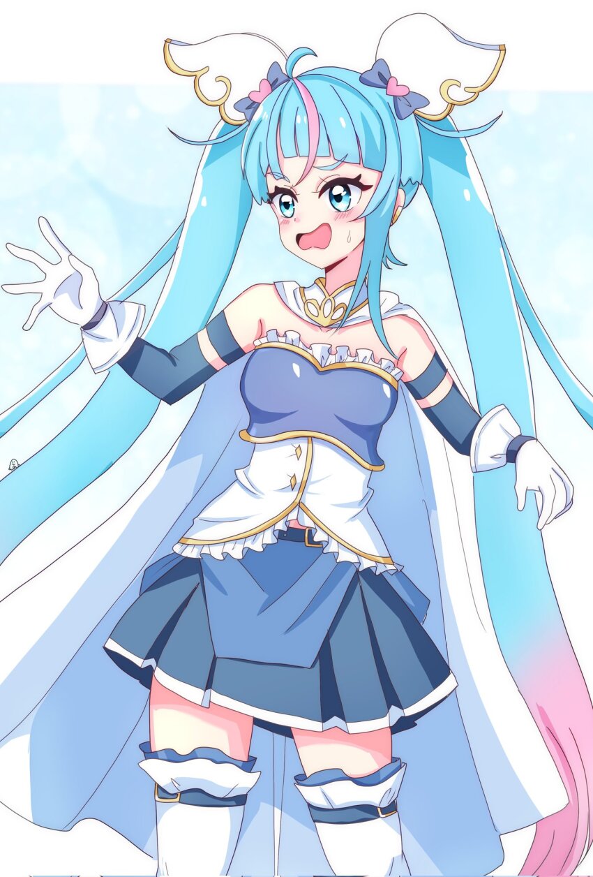 1girl belt blue_belt blue_eyes blue_gloves blue_hair blue_shirt blue_skirt cape commentary cosplay cowboy_shot cure_sky cut_bangs earclip elbow_gloves frilled_shirt frills frown gloves gradient_hair hair_ornament highres hirogaru_sky!_precure layered_gloves long_hair looking_to_the_side mahou_shoujo_madoka_magica miki_sayaka miki_sayaka_(cosplay) miki_sayaka_(magical_girl) miniskirt momotarouooi multicolored_hair open_mouth pink_hair pleated_skirt precure shirt skirt solo sora_harewataru standing strapless strapless_shirt streaked_hair sweatdrop thigh_strap thighhighs twintails very_long_hair white_cape white_gloves white_thighhighs wing_hair_ornament