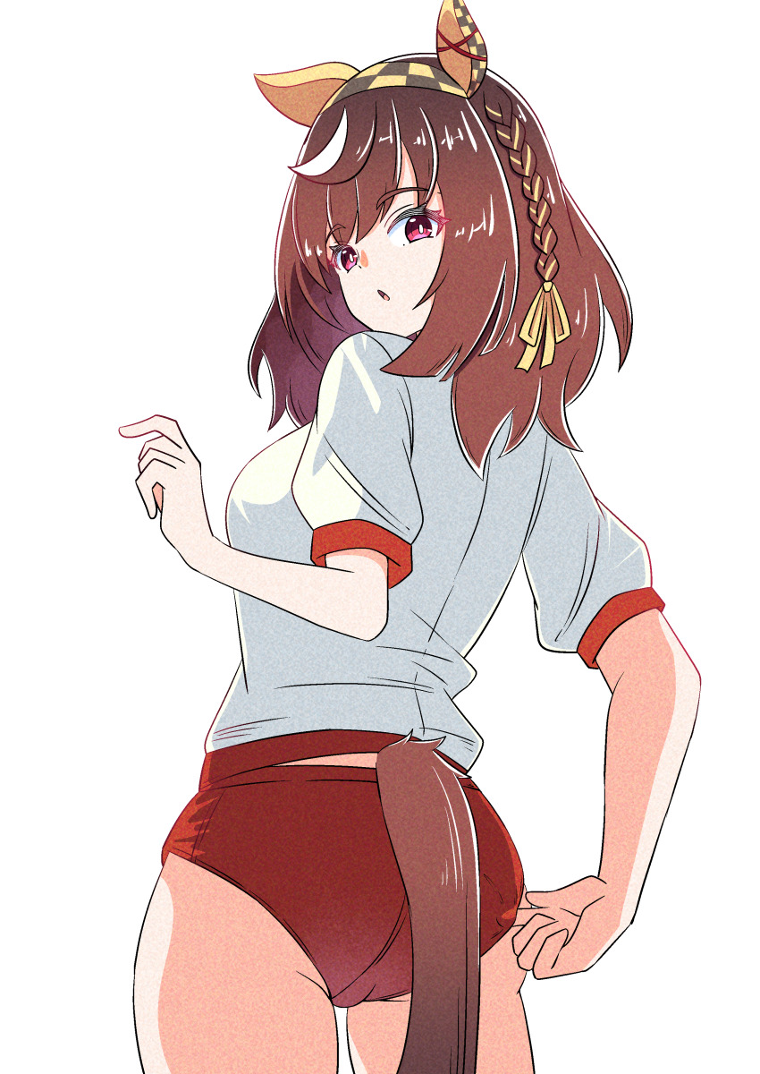 1girl absurdres adjusting_buruma adjusting_clothes adjusting_swimsuit akkunz alternate_costume animal_ears braid breasts brown_hair buena_vista_(umamusume) buruma commission hairband highres horse_ears horse_girl looking_at_viewer looking_back medium_breasts pixiv_commission purple_eyes solo swimsuit umamusume white_background