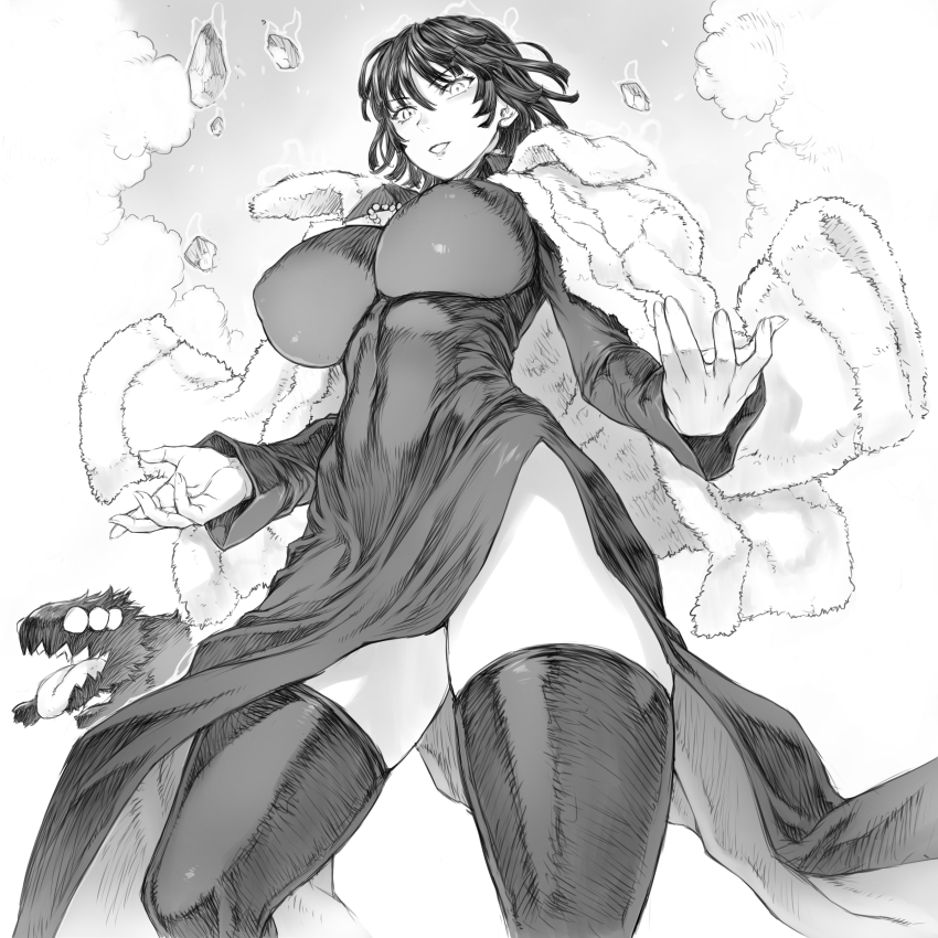 1girl absurdres breasts cloud dress fubuki_(one-punch_man) fur_jacket greyscale hatching_(texture) highres impossible_clothes impossible_dress jacket jacket_on_shoulders large_breasts mogudan monochrome one-punch_man side_slit smile solo telekinesis thighhighs