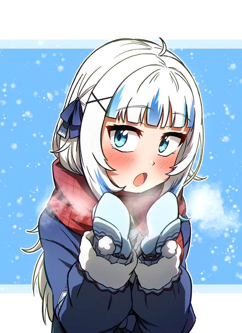 1girl blue_eyes blue_hair blue_jacket blue_mittens blush breath ddolbang gawr_gura gawr_gura_(winter_casual) hair_ribbon hands_up highres hololive hololive_english jacket long_hair mittens multicolored_hair official_alternate_costume official_alternate_hair_length official_alternate_hairstyle open_mouth red_scarf ribbon scarf shark_girl solo streaked_hair virtual_youtuber white_hair winter_clothes