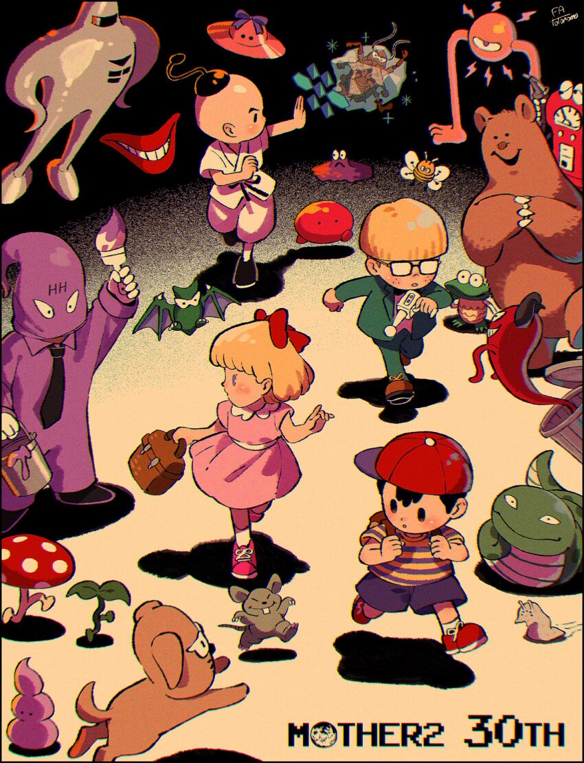 anniversary bag baseball_cap black_hair blonde_hair blue_shorts bow braid dougi dress energy_gun handbag happy_happyist hat highres jacket jeff_andonuts kwsby_124 mother_(series) mother_2 ness_(mother_2) nintendo paula_(mother_2) pink_dress poo_(mother_2) ramblin&#039;_evil_mushroom ray_gun red_footwear shirt short_hair shorts starman_(mother) striped_clothes striped_shirt weapon