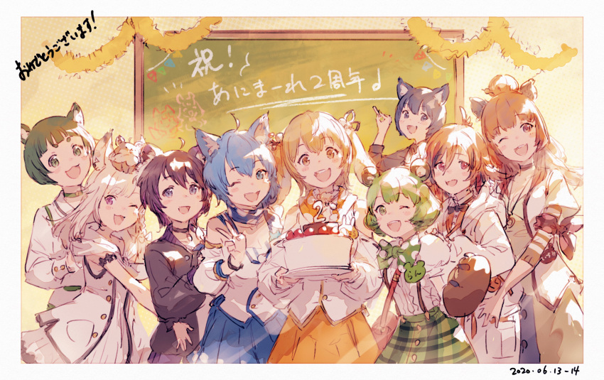 6+girls :3 :d ;d ahoge animal_ears animal_hands animare bear_ears birthday_cake black_hair blonde_hair blue_eyes blue_hair blue_skirt blunt_bangs blush braid breasts brown_eyes cake capybara_ears cat_ears chalkboard dog_ears flat_chest food green_eyes green_hair green_skirt haibara_akane hair_between_eyes hashiba_natsumi_(animare) highres hinokuma_ran holding holding_plate inaba_haneru_(animare) junwool kazami_kuku kuroneko_nanashi long_hair looking_at_viewer medium_breasts multiple_girls nanashi_inc. off_shoulder one_eye_closed open_mouth orange_hair plate purple_eyes shiromiya_mimi short_eyebrows short_hair sketch skirt small_breasts smile souya_ichika souya_ichika_(1st_costume) v virtual_youtuber white_hair yellow_skirt yunohara_izumi