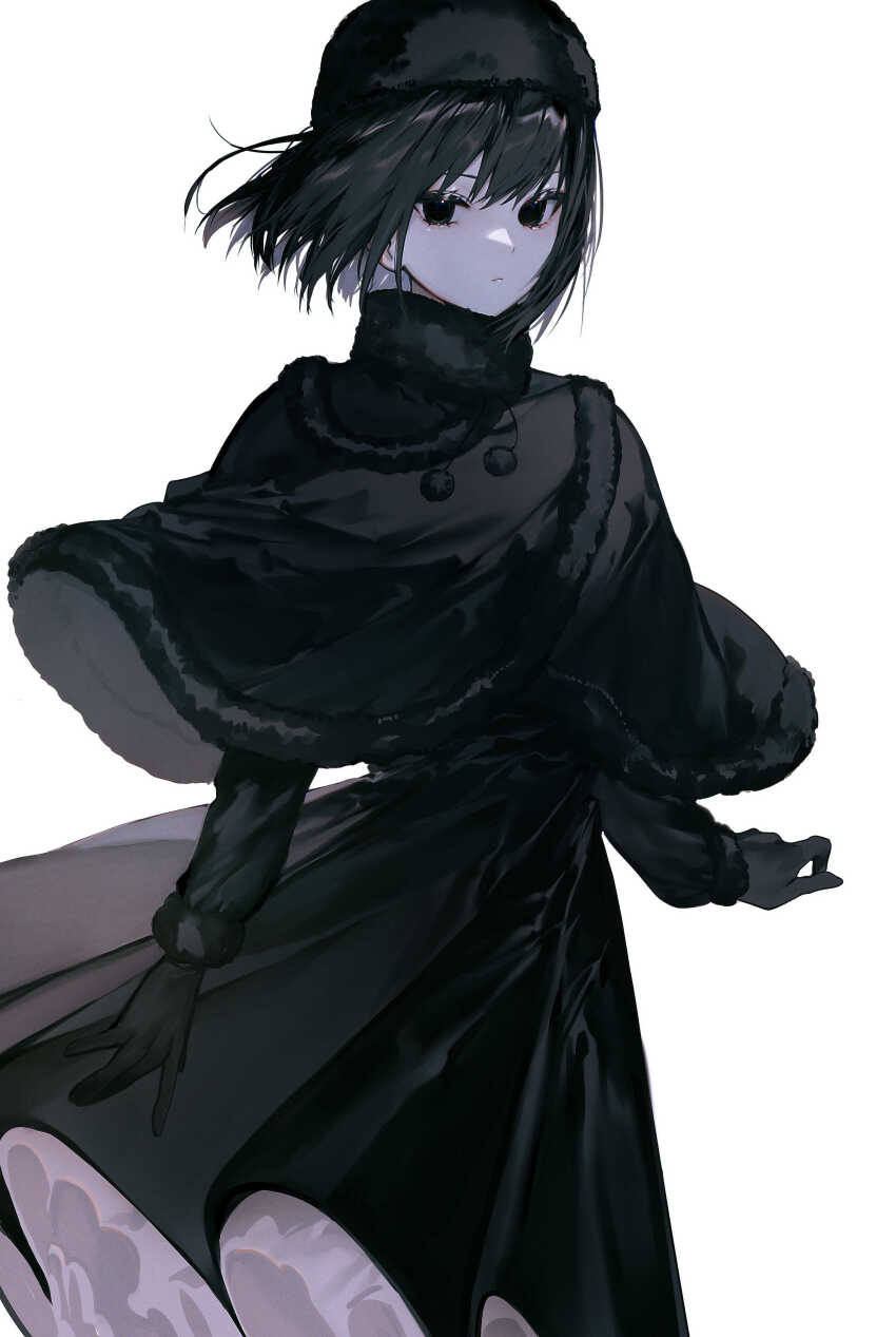 1girl absurdres albino_(a1b1n0623) black_capelet black_dress black_eyes black_hair breasts capelet dress fur-trimmed_capelet fur-trimmed_headwear fur_hat fur_trim gloves hat highres kuonji_alice long_sleeves looking_at_viewer mahou_tsukai_no_yoru short_hair solo ushanka white_background