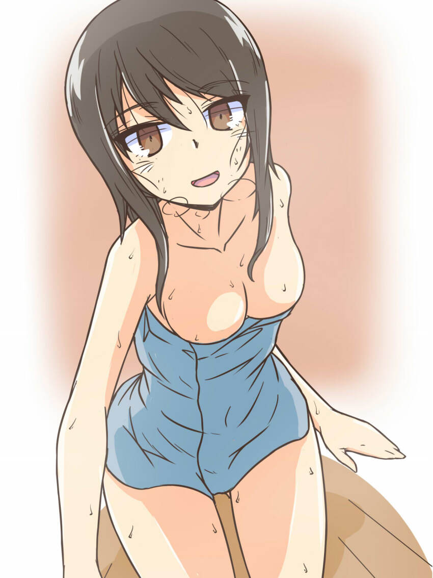 1girl bare_shoulders breasts breath brown_eyes brown_hair girls_und_panzer highres kneeling leaning_forward long_hair looking_at_viewer medium_breasts mika_(girls_und_panzer) naked_towel no_headwear on_floor open_mouth renshiu smile solo towel wet wooden_floor
