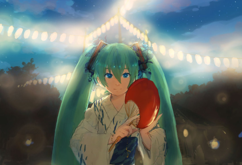1girl blue_eyes female_focus green_hair hand_fan hatsune_miku japanese_clothes light lights mitosa paper_fan solo tree twintails uchiwa upper_body vocaloid