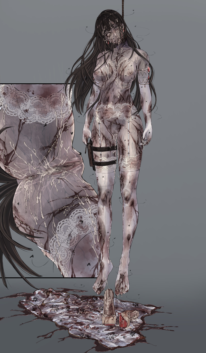 1girl absurdres anus bleeding blood censored china_dress chinese_clothes commission corpse cum cum_in_pussy cum_on_body decay decaying_skin dress garter_belt guro hanged high_heels highres holster hua_diemeng long_hair maggot necrophilia nullchan pixiv_commission pussy rot_fly rotting thigh_holster very_long_hair
