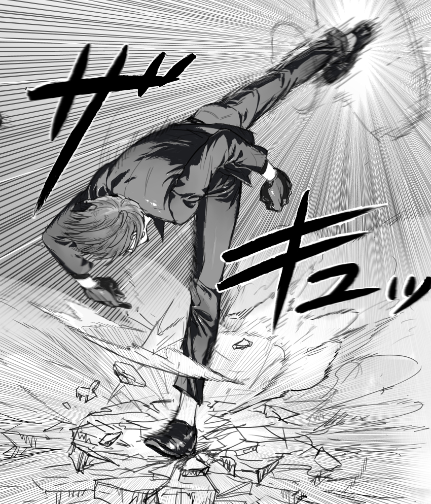 1boy absurdres broken_ground collared_shirt fighting_stance from_behind full_body greyscale highres kicking leg_up loose_necktie male_focus monochrome motion_blur motion_lines necktie no.6_(numberr_6) one_piece sanji_(one_piece) shirt shoes short_hair solo speed_lines