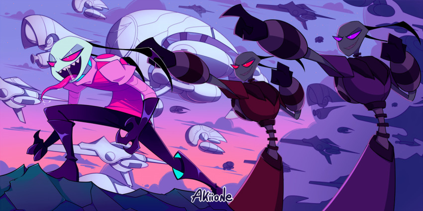 alien almighty_tallest_purple almighty_tallest_red antennae bald black_boots black_gloves black_pants boots colored_skin derivative_work evil_grin evil_smile eyeshadow fewer_digits gauntlets gloves green_skin grin invader_zim invader_zim:_enter_the_florpus irken irken_uniform long_tongue makeup nickelodeon open_mouth pants pink_eyes pink_shirt pointing purple_eyes red_eyes saliva screenshot_redraw sharp_teeth shirt smile spacecraft teeth tongue tongue_out war yoyochaan zim_(invader_zim)